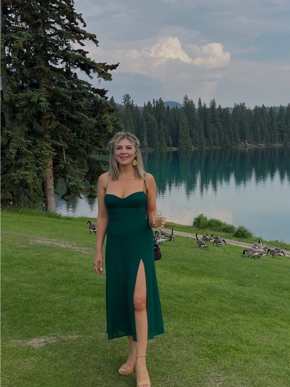 Reformation Emerald Green Spaghetti-Strap Midi Dress with Side Slit